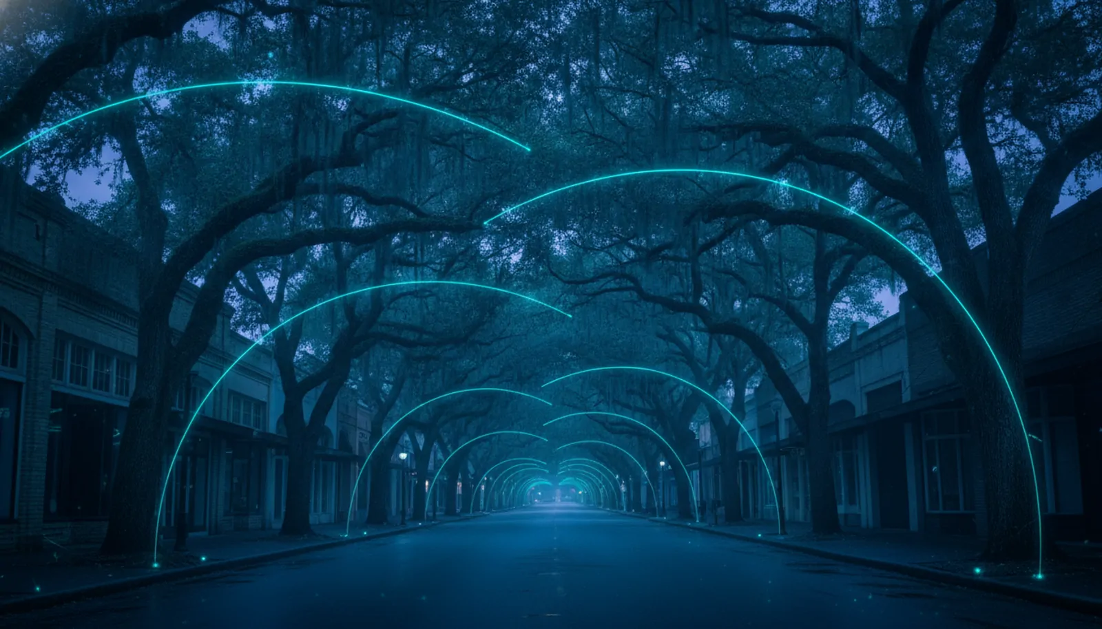 a Gulf Coast main street under oak canopy — HyppoAI serves businesses in Bryan, TX