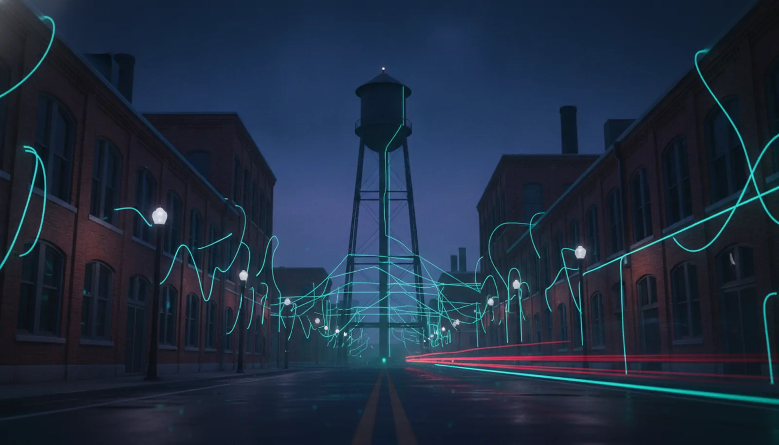 a Midwestern brick main street at blue hour — HyppoAI serves businesses in Berkeley, MO