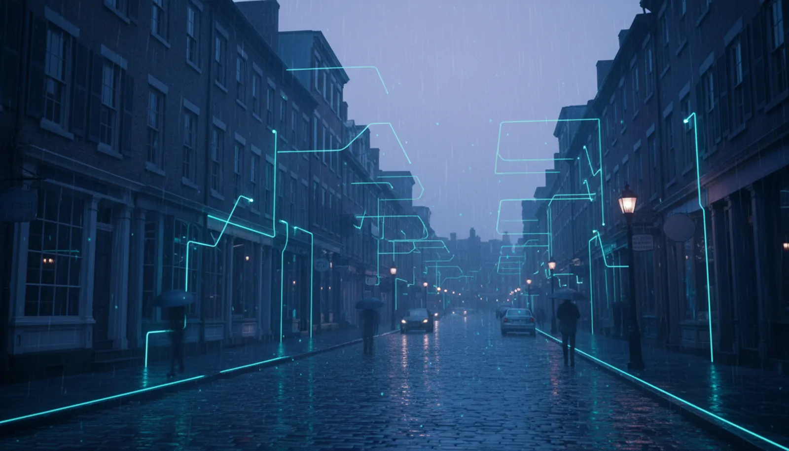 a New England downtown street at blue hour — HyppoAI serves businesses in Bath, ME