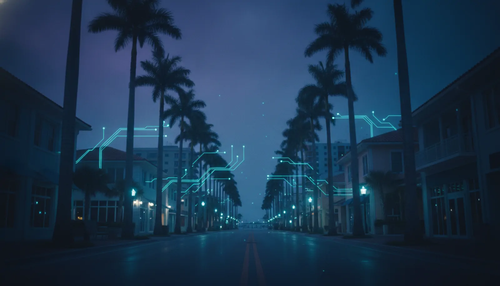 a palm-lined coastal Southern downtown at dusk — HyppoAI serves businesses in Poolesville, MD