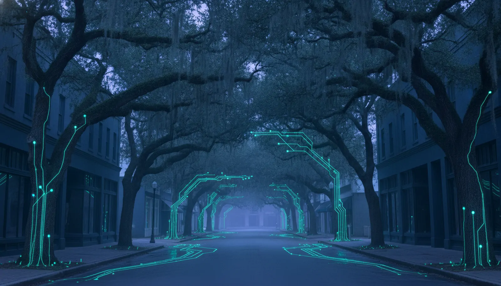 a palm-lined coastal Southern downtown at dusk — HyppoAI serves businesses in Pinehurst, NC